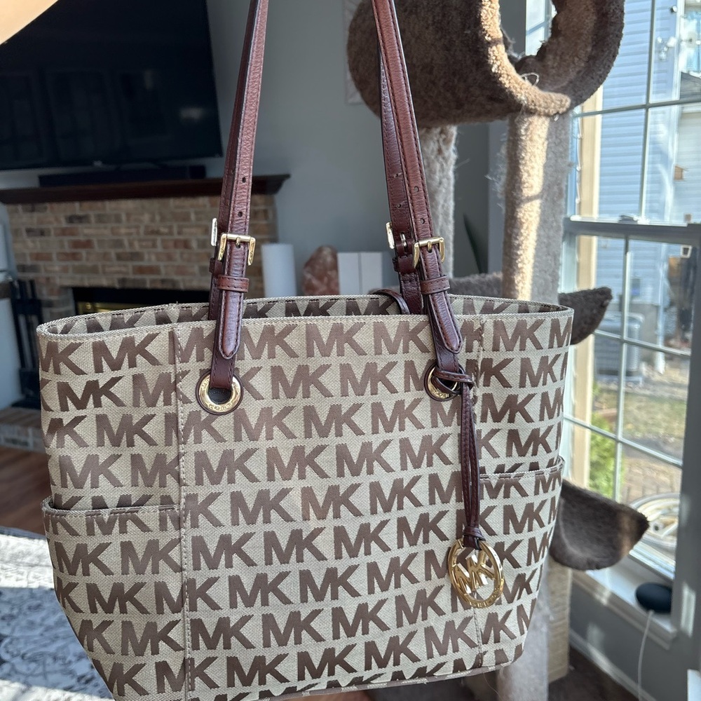 Michael Kors Jet Set Medium Tan and Brown MK Logo Pocket Tote